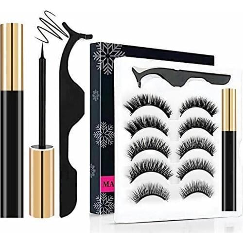 5 Pairs Set 3D Magnetic Eyelash Eyeliner and Eyelashes Tweezer Kit With Reusable No Glue Faux Mink False Lashes