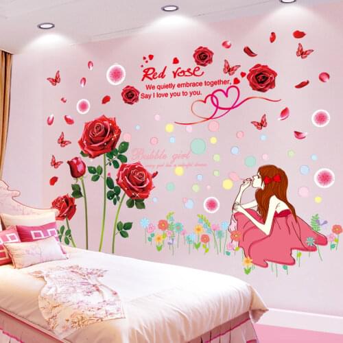 [shijuekongjian] Red Rose Flower Wall Stickers Vinyl DIY Girl Wall Decals for House Living Room Kids Bedroom Decoration