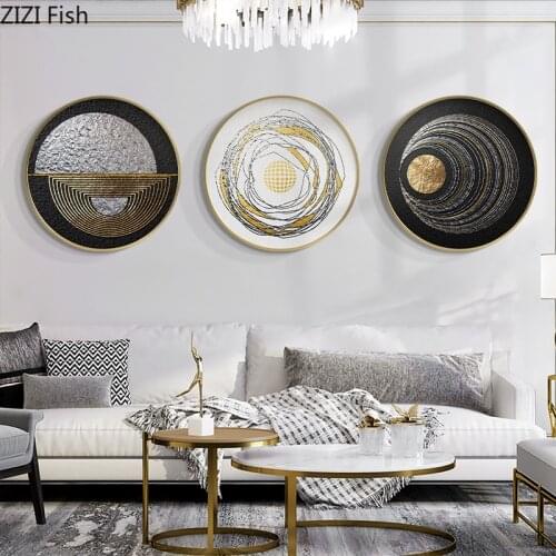 Round Abstract Geometry Inkjet Wall Painting Stereoscopic Lines Wall Decoration Oil on Canvas Mural Solid Wood Frame Home Decor