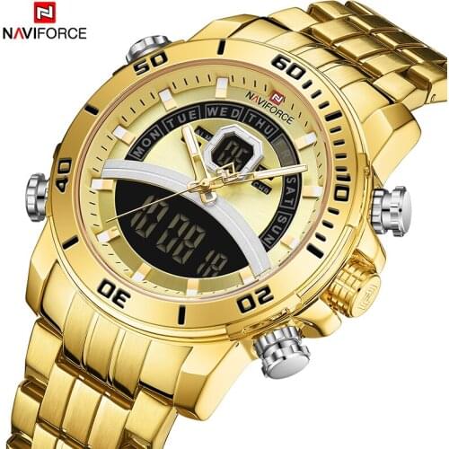 New Watch NAVIFORCE Brand For Men Leisure Fashion Water Resistant Stainless-Steel Quartz Analog LED Digital Gold Male Wristwatch
