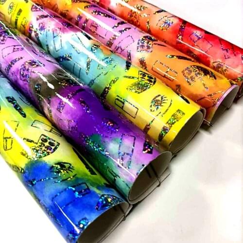 135*30cm Iridescent Cloud Design Cosmetic Pattern Printed Mirror Effect PU Holographic Faux Leather Fabric Sheet For Shoe/Bag