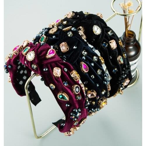 New Baroque Retro Gold Velvet Sewing Crystal Headband European American Rhinestone Hollow Diamond Headband Hair Accessories