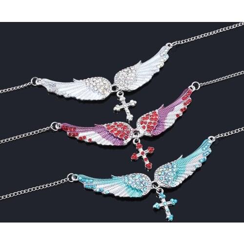 RJ High Quality Fashion Crystal Angel Wing Cross Women Necklaces Pink Blue Ear Drop Pins Girl Choker Party Jewelry Gift