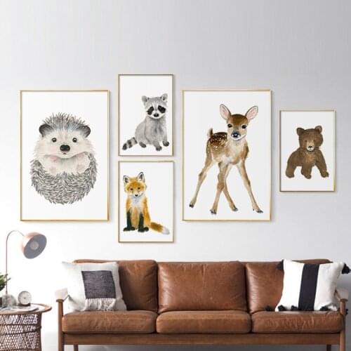Nordic Modern Canvas Painting Deer Bear Cat Hedgehog Wall Art Posters And Prints Animal Pictures Nursery Kids Room Home Decor