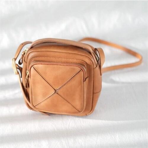Handmade Bag Genuine Leather Cowhide Vintage Bag Small Square Bag Shoulder Bag Pure Handcraft Bag
