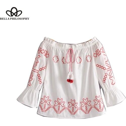 Bella Philosophy 2018 spring slash neck women shirt tassel embroidery blusas sweet lady girl sleeves shirt