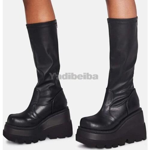 Ladies Fashion Platform Boots Chunky Heel Wedges Mid Calf Women Boots Casual Brand Thick Bottom Winter Shoes Woman High Boots