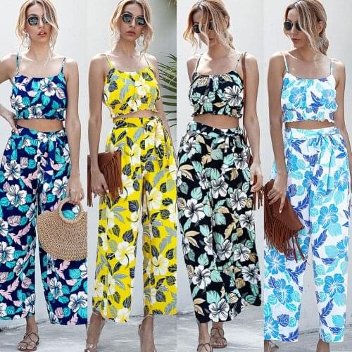Women Fashion Camisole Crop Top Wide Leg Pants Floral Print Two Piece Set Outfit Sexy Party 2 Piece Set Women clothing