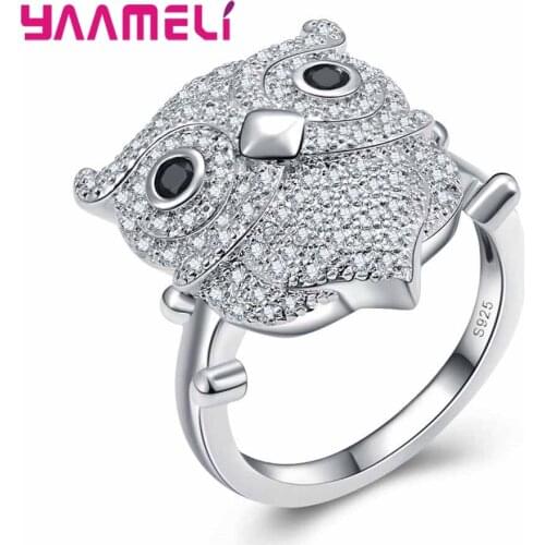 Cute Animal Jewelry 925 Sterling Silver Women Owl Ring Jewelry For Ladies Filled-zirconia Crystal Party Finger Rings