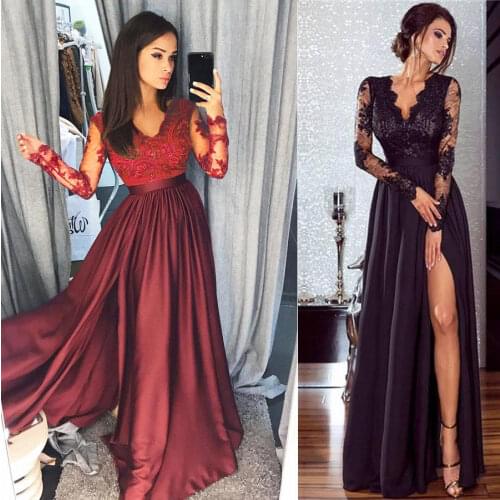 Women Lace Long Sleeve V Neck Dress Evening Party Ball Prom Gown Formal High Waist Maxi Dress