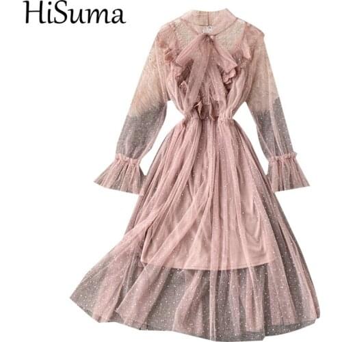 Spring Autumn Women Flare Sleeve Bling Sequin Bandage Lace Up Bow Pleated Ruffles Dress Lady Elastic Slim Mesh Gauze Midi Dress