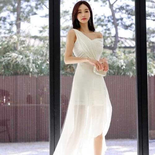 2021 Korean Style Women Summer Sexy Sloping Shoulder Chiffon Stitching Dress Female Large Swing Dovetail Dress Ladies Clothes