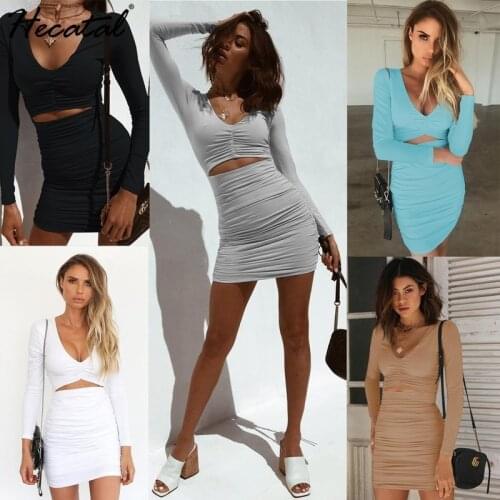 Hecatal 2021 Spring Long Sleeve Dress Women Sexy V-neck Slim Dress for Women Party Folds Slim Wrap Hip Skirt Vestidos Mujer