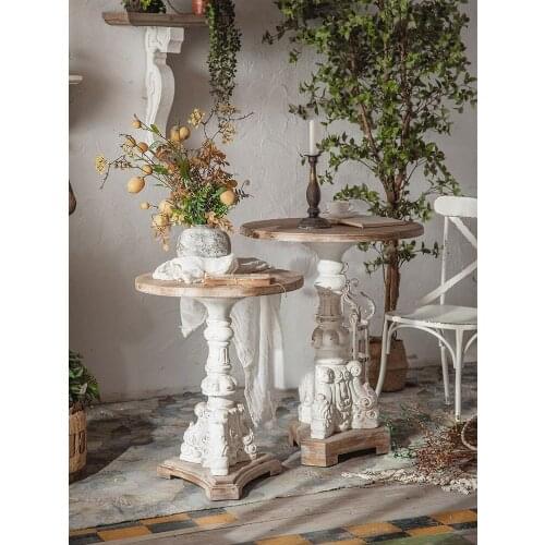 American Retro Coffee Table round Side Table Flower Shop Decoration Bay Window Small Table Distressed Carved Coffee Table