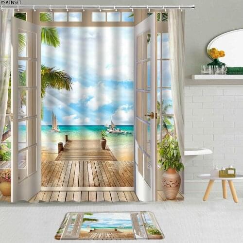 2Pcs 3D Beach Ocean White Door Scenery Shower Curtain Green Vine Flower Plant Landscape Non-Slip Bath Mat Bathroom Curtains Set