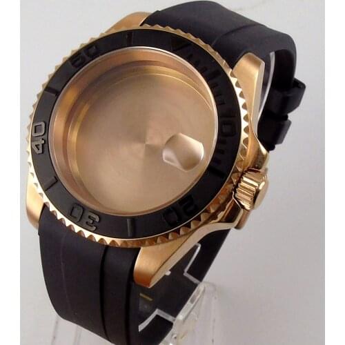 Rose Gold Plated 40mm Watch Case fit for ETA 2836 MIYOTA 8215 Sapphire Glass Rubber Mental Back Brushed Insert