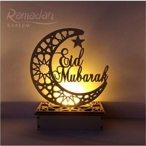 Wooden Eid Mubarak Ramadan Ornament Muslim Islamic Gift DIY Home Party Decor Ramadan Eid Wooden LED Lights Moon Star Islam