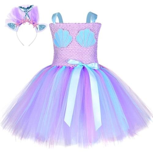 Fancy Mermaid Princess Dress Girls Ocean Theme Birthday Party Tutu Dress Kids Halloween Performance Mermaid Cosplay Costume Set