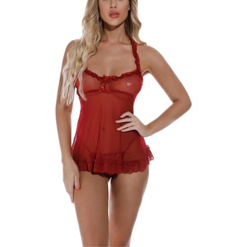 2 Pcs Women Sexy Lingerie Set, See-through Lace Trim Dress with Bow, Adjustable Strap + Thong hot girls xxx red lingerie