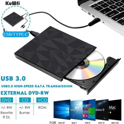 KuWFi Type-C & USB 3.0 DVD Drive CD Burner Driver Drive-free High-speed Read-write Recorder External DVD-RW Player Writer Reader