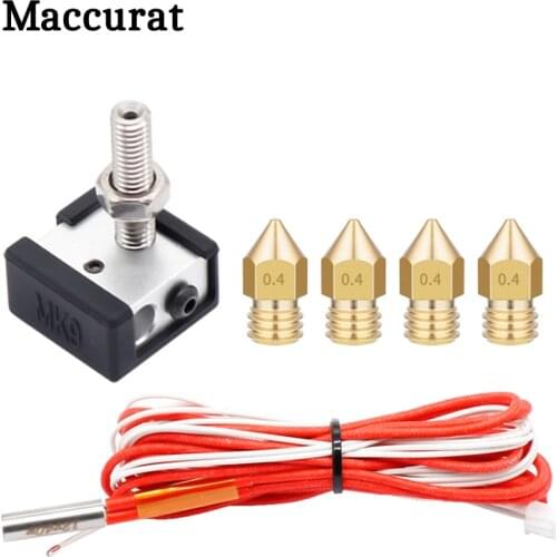MK7/MK8 Extruder Hotend Kit 3D Printer Heated Block+silicone socks+ Throat+1.75mm/0.4mm Nozzle*4+Cartridge Heater Kit 2