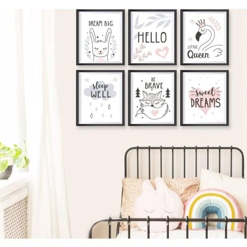 Cartoon Animal Dream Inspirational Quotes Prints Girls Wall Art Picture Canvas Painting Nordic Posters Nursery Kids Room Decor