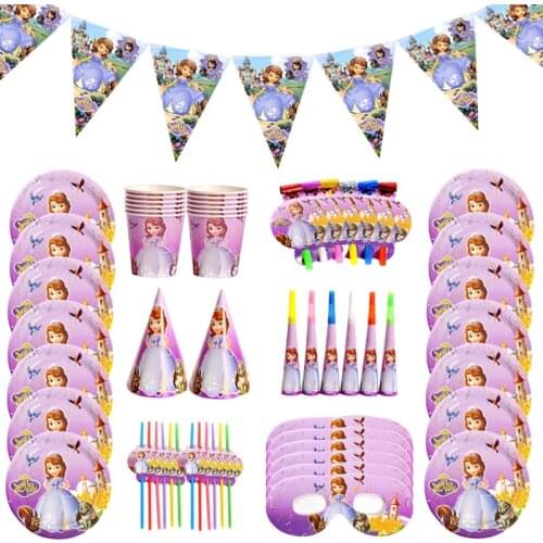 Cartoon Disney Sofia Princess Theme Party Supplies Disposable Tableware Plate Blowout Cup Hat Girls Kids Baby Shower Decorations