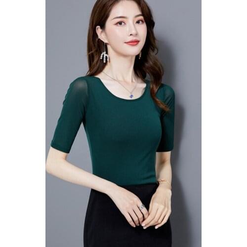 Korean Fashion Mesh Tank Top Women Lace Office Lady Tank Top Solid Plus Size XXXL Short Sleeve Shirt Black Clothing for Women