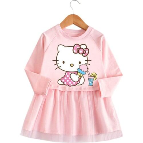 Sanrio Hello Kitty 2021 spring and autumn new girls dress cartoon long-sleeved mesh skirt baby princess dress