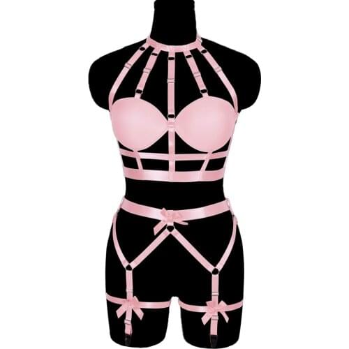 Pink Bow Garter Belt Bra Cup Bondage Chest Thigh Goth Punk Adjust Waistband Suspender Sexy Lingerie Dance Rave Body Harness Belt