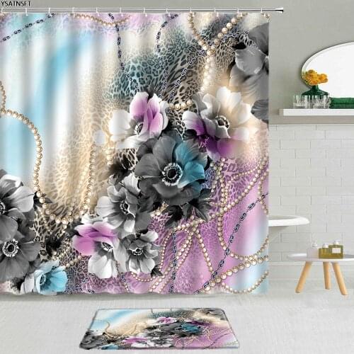 Luxury Flowers Leopard Pearl Shower Curtain Three-Dimensional Floral Pink Rose Non-Slip Bath Mat Bathroom Curtains Fabric Set