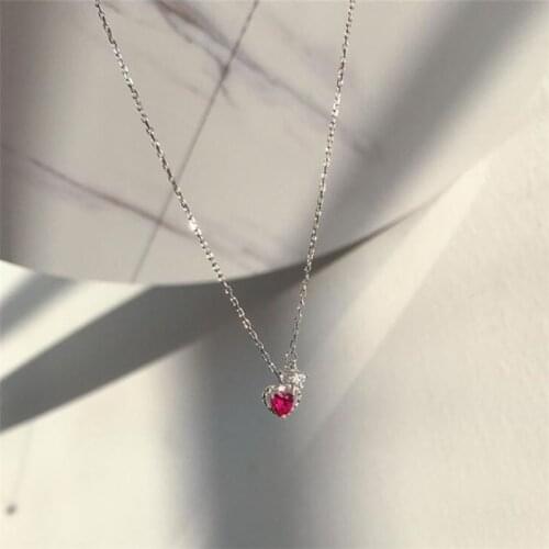 925 Sterling Silver Necklace Retro Zircon Red Mini Love Heart Shape Pendant Vintage Clavicle Chain for Lover Couple Gifts SN010