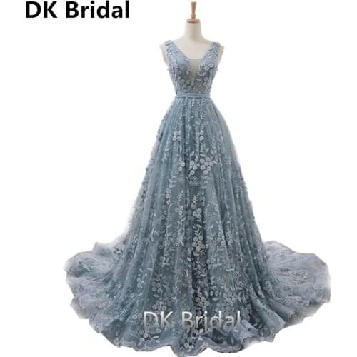 Gray Blue Sexy V-Neck Evening Dresses with Appliques Beads 2019 Vestidos De Fiesta Elegant Evening Dresses Long Formal Dress