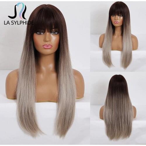 La Sylphide Synthetic Wig Long Straight Root Black Ombre Gray Brown Hair Wigs with Bangs for Black White Women Heat Resistant