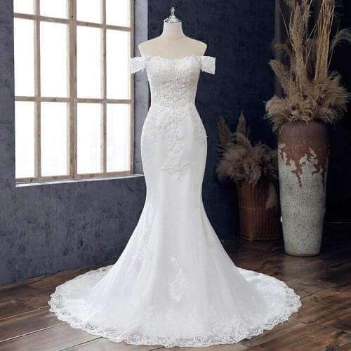 Off The Shoulder Mermaid Wedding Dress 2021 New Boat Neck Lace Robe De Mariee Lace Up Wedding Gown Customize