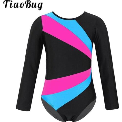 TiaoBug Kids Long Sleeves Color Block Cutout Back Ballet Gymnastics Leotard Jumpsuit Girls Competition Professional Dance Wear