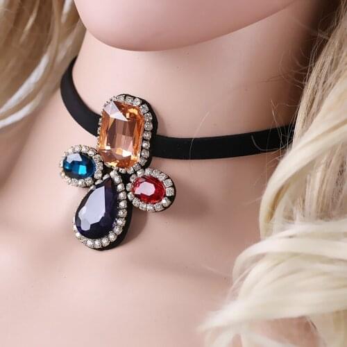 High - end crystal necklace chain clasp suede pendant necklace popular chockers necklace