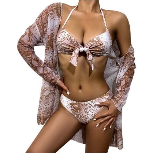 3pcs Women Swimsuits Bikini Set Push-Up Padded Top High Waist Long-Sleeve Sunscreen Strap Thong Swimwear Sexy Beachwear 2021