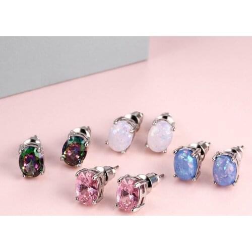 HOMOD 6MM Oval White/Blue/Purple/Pink Fire Opal Stud Earrings Silver Color Wedding Jewelry For Women Statement Earrings