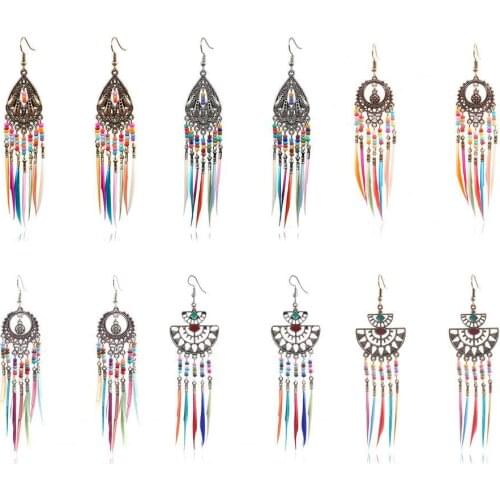 Hot Sales Earrings Retro Romantic Resin Beads Bohemian Feather Tassel Fringe Earrings for Women