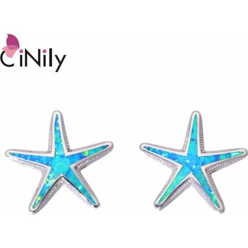 CiNily Created Blue White Fire Opal Silver Plated Wholesale Star Shape for Women Jewelry Engagement Stud Earrings 16mm OH4402-03