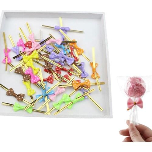 50Pcs Dots Bowknot Metallic Twist Ties Sealing Binding Wire Cello Lollipop Candy Gift Packaging Bags Fastener Sealing Fixed Ties