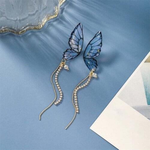 Glitter Butterfly Wing Dream Earrings with Rhinestones Chain Long Tassel Wedding Threader Jewelry Butterfly Bug Insect #JA93D-3