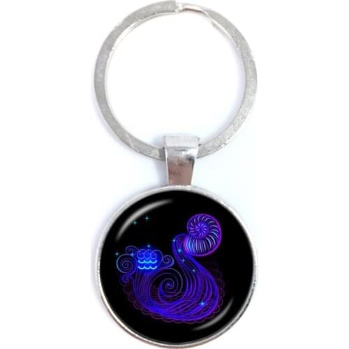 Aquarius/Pisces Zodiac Signs Keychain Classic Twelve Constellations Cabochon Glass Time Gem Birthday StarSign Gift