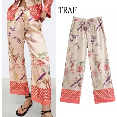 TRAF Za Women Pants 2021 Y2k Summer Print Elastic High Waisted Wide Leg Trousers Women Chic Bow Loose Pocket Woman Straight Pant