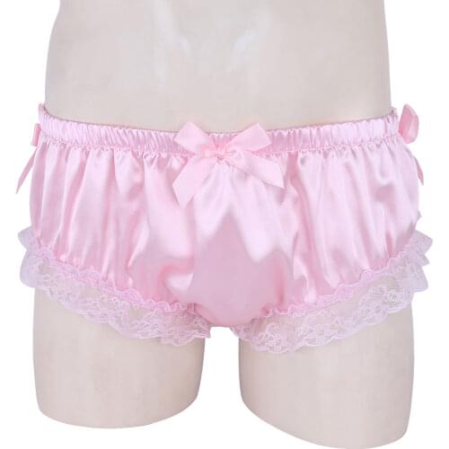 Men Sissy Panties Crossdresser Gay Underwear Shiny Soft Satin Bowknot Ruffle Floral Lace Lingerie Men Hot Sexy Briefs Underpants