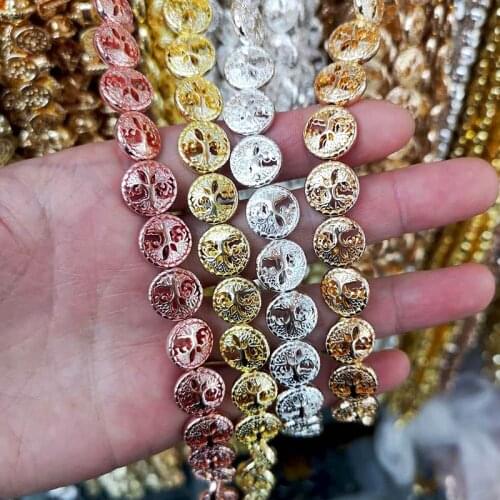 5PCS/pack Gold Rose Gold Silver Color Life Tree Hollow Round Disk Hematite Loose Beads for DIY Making Jewelry