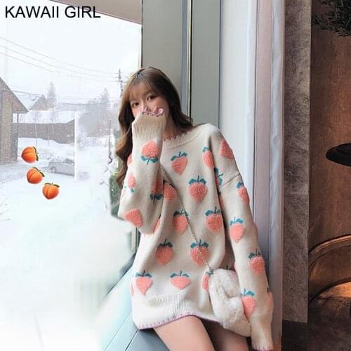 Kawaii Women Sweater Autumn Winter Sweet Lolita Cute Pink Pullover Loose Sweater New Cartoons Strawberry Pattern Knit Long Tops