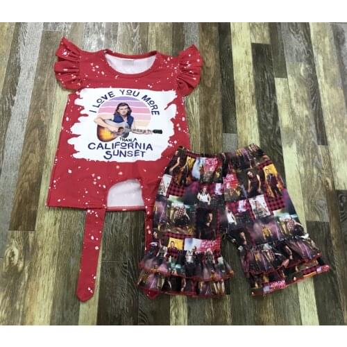 Fashion Kids summer Clothing Baby Girl Red Lace I Love You More Flare Tie Tie Top Lace Shorts Set