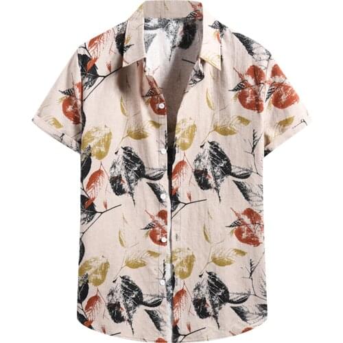 Men Leaf Printed Shirt Casual Short Sleeve Button Shirts Vintage Single-breasted Beach Hawaiian Shirts Summer Blouse Camisas